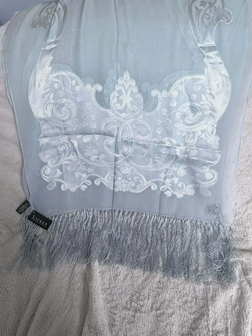 Lauren Ralph Lauren 100% Silk Embroidered Tassel Shawl
